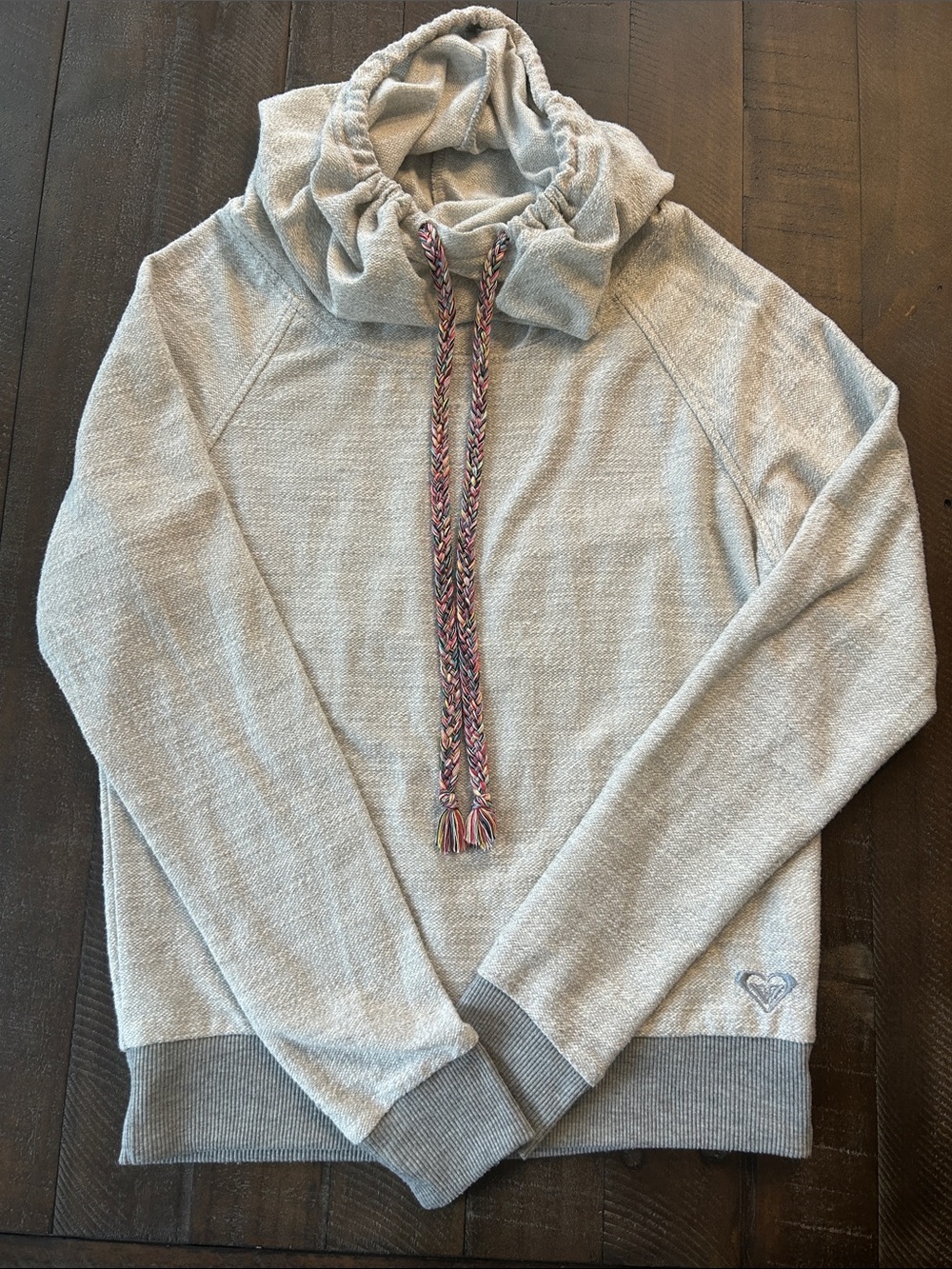 Roxy Light Gray Cowl-Neck Hoodie with Multicolor Braided Drawstring